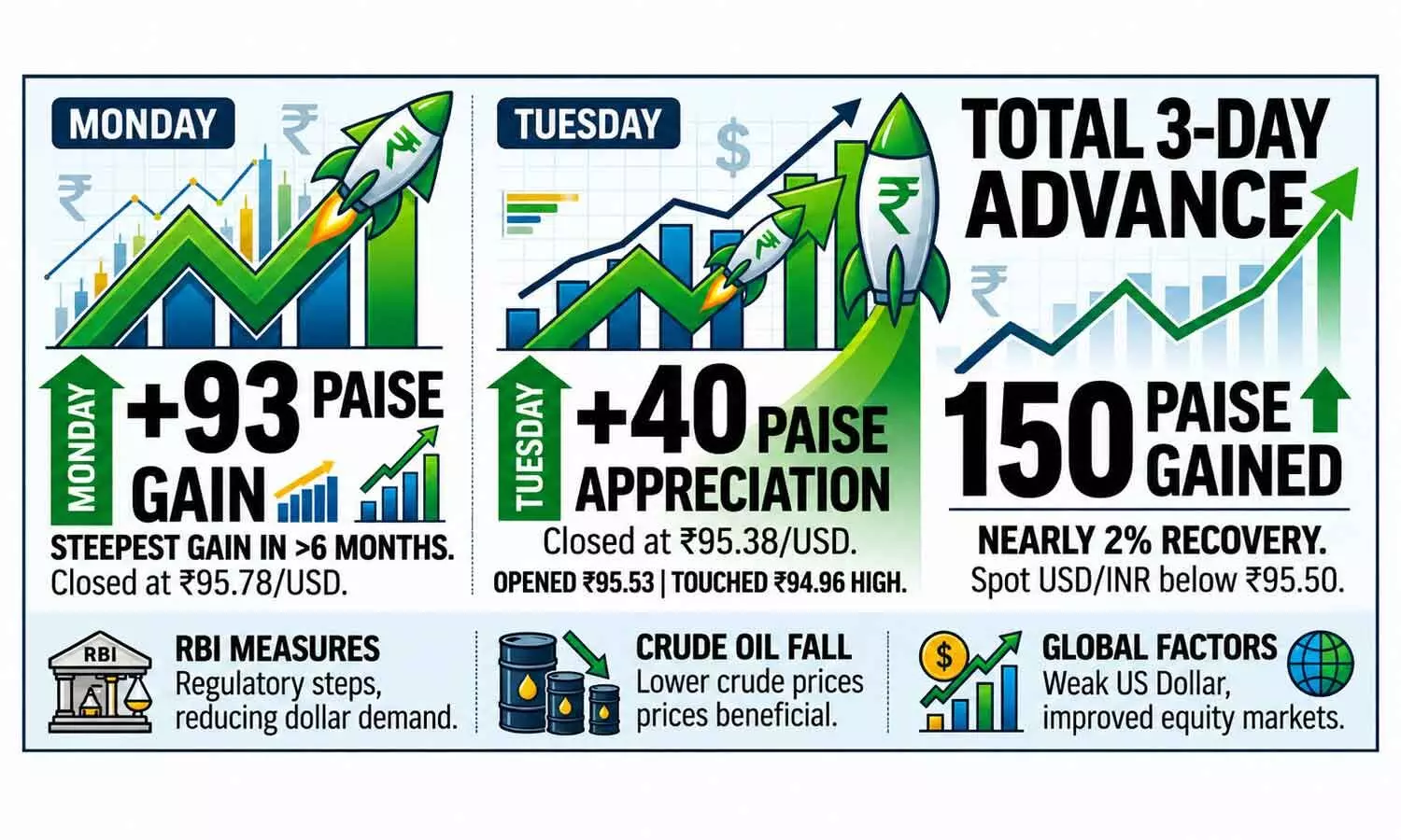 Rupee bounces back, gains 150 paise in 3 days Rupee bounces back, gains 150 paise in 3 days